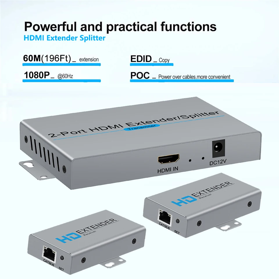 1x2 HDMI Splitter Extender 60m 1x2 HDMI UTP Extender Cat5e Cat6 1080P RJ45 HDMI Splitter extensor Vysielač, Prijímač . ' - ' . 1