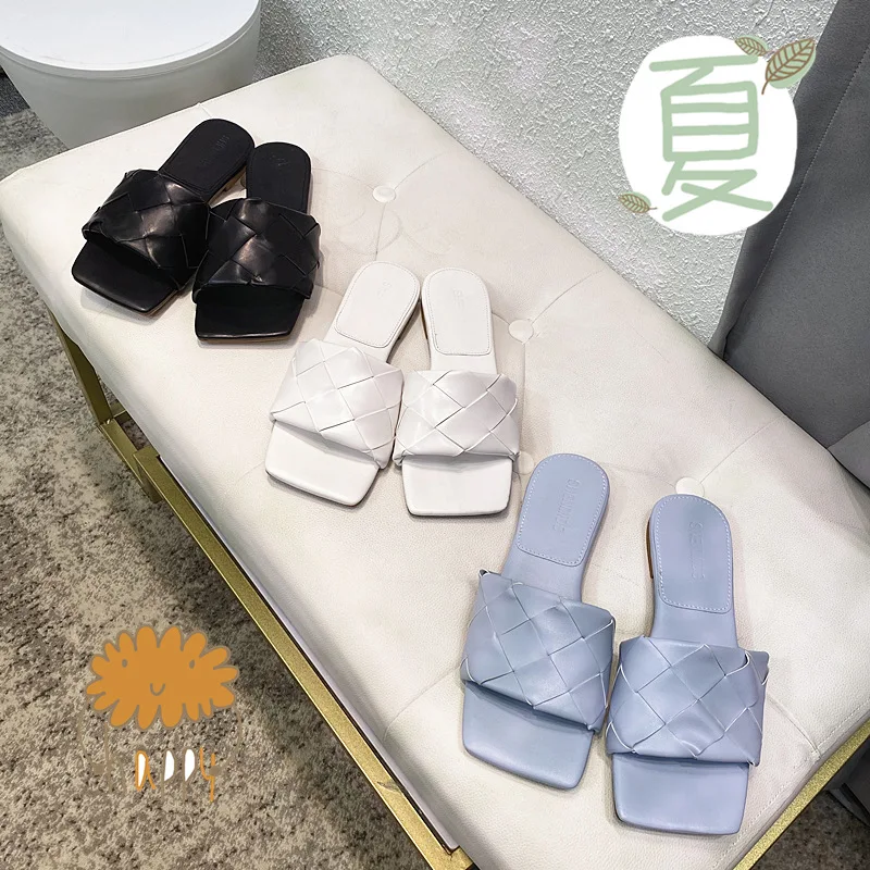 2020 nové dizajnér pletené ploché papuče ženy sexy otvorené prst kožené tkanie flip flops svetlo modré leto listov topánky žena . ' - ' . 0