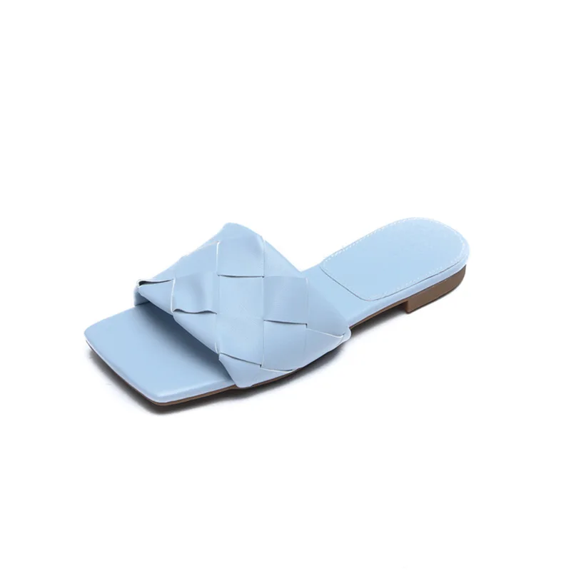 2020 nové dizajnér pletené ploché papuče ženy sexy otvorené prst kožené tkanie flip flops svetlo modré leto listov topánky žena . ' - ' . 1