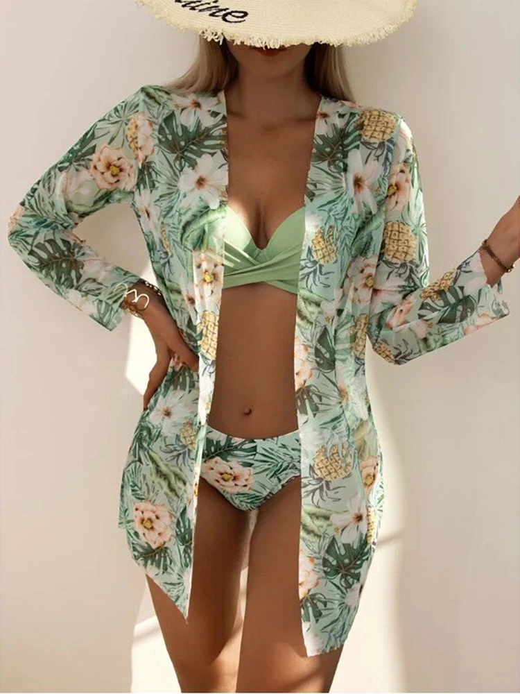 2023 Nové Tri Kusy Bikini Set Zakryť Kvetinový Tlač Push Up Pláž, Kúpanie Vyhovuje Dlhý Rukáv Twist Plavky Ženy Plavky . ' - ' . 4