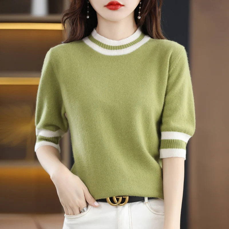 2023 nové žien krátkym rukávom 100% čistá vlna O-krku pletený pulóver kórejský módne mäkké slim T-tričko-krátke rukávy tričko . ' - ' . 0