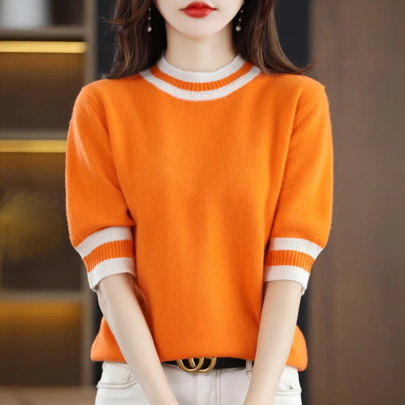 2023 nové žien krátkym rukávom 100% čistá vlna O-krku pletený pulóver kórejský módne mäkké slim T-tričko-krátke rukávy tričko . ' - ' . 1