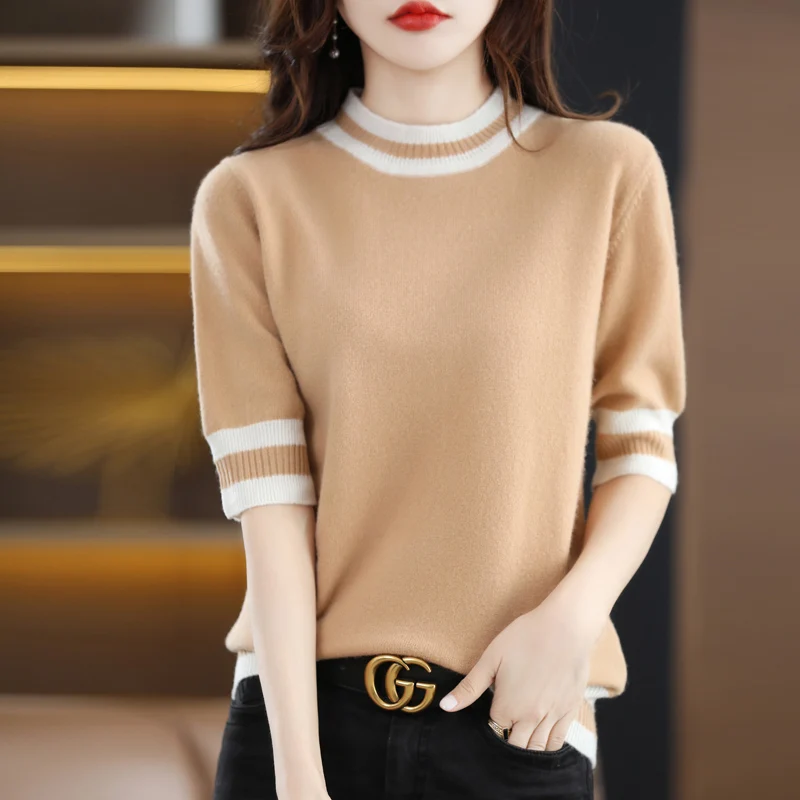 2023 nové žien krátkym rukávom 100% čistá vlna O-krku pletený pulóver kórejský módne mäkké slim T-tričko-krátke rukávy tričko . ' - ' . 2