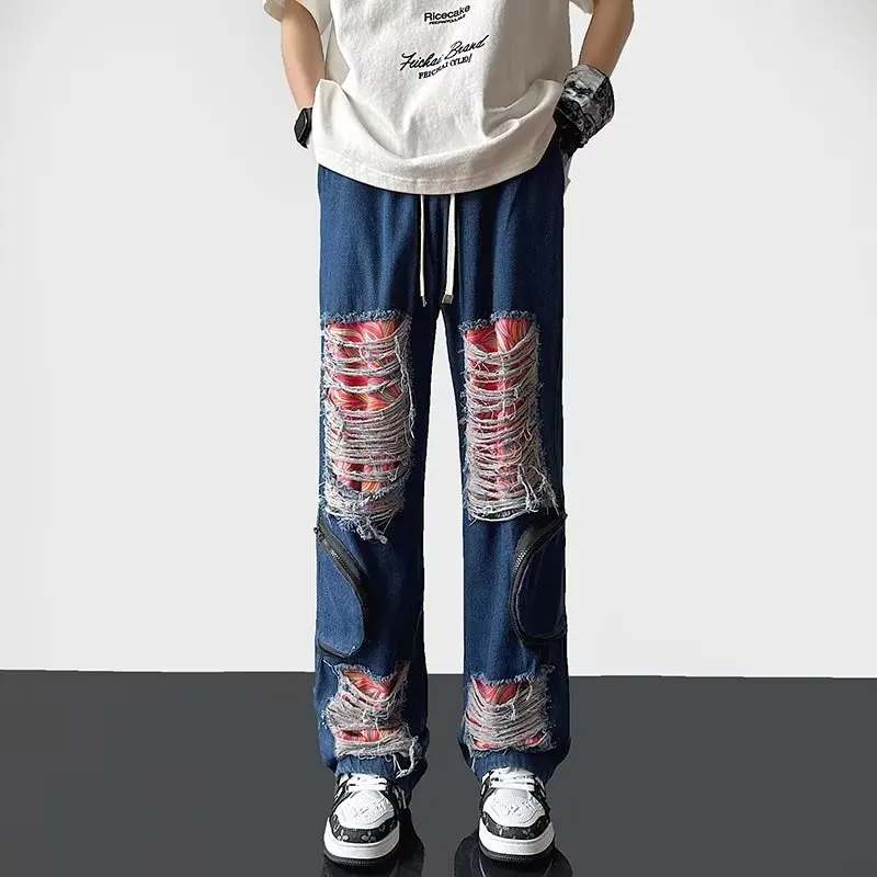 2023 Ropa Grunge Y2K Streetwear Neforemné Skladaný Roztrhané Džínsy, Nohavice Mužov Oblečenie Rovno Šnúrkou Džínsové Nohavice Pantalon Homme . ' - ' . 0