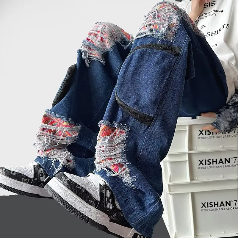 2023 Ropa Grunge Y2K Streetwear Neforemné Skladaný Roztrhané Džínsy, Nohavice Mužov Oblečenie Rovno Šnúrkou Džínsové Nohavice Pantalon Homme . ' - ' . 4