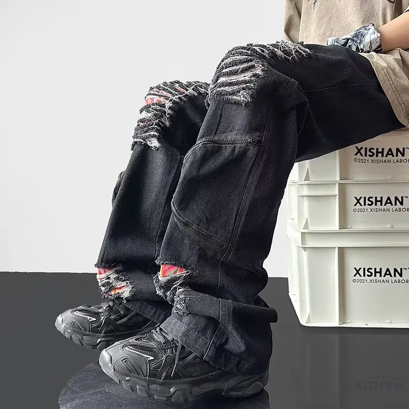 2023 Ropa Grunge Y2K Streetwear Neforemné Skladaný Roztrhané Džínsy, Nohavice Mužov Oblečenie Rovno Šnúrkou Džínsové Nohavice Pantalon Homme . ' - ' . 5