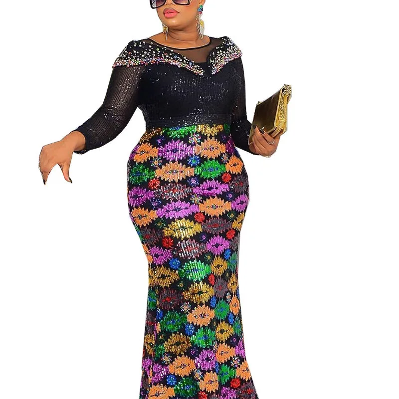 Africkej Ženy Dlho Fishtail Šaty Dashiki Dubaj Turecko Celý Rukáv Župan Africaine Femme Luxusné Sequin Lady Tunika Večerné Šaty . ' - ' . 4