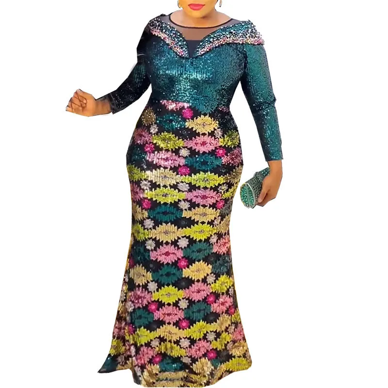 Africkej Ženy Dlho Fishtail Šaty Dashiki Dubaj Turecko Celý Rukáv Župan Africaine Femme Luxusné Sequin Lady Tunika Večerné Šaty . ' - ' . 5