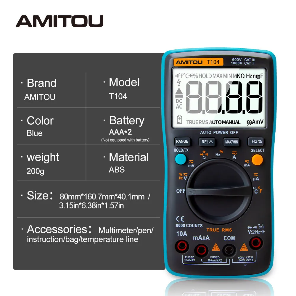 AMITOU T104 Profesionálny Digitálny Multimeter Elektrické Voltmeter Ammeter AC/DC Napätie Tester Multi-tester Nástroje pre Krupina . ' - ' . 5