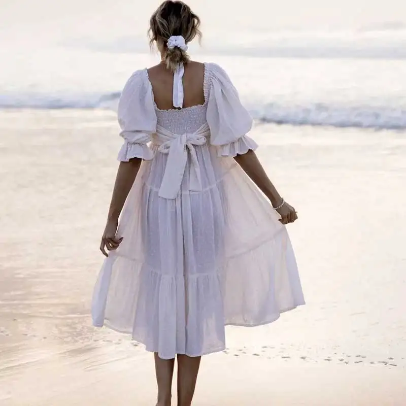 BOHO INŠPIROVAL dot biela rozstrapatené letné šaty pre ženy luk viazaná bavlny dlho boho šaty smocked lístkového rukáv dámske party šaty . ' - ' . 0