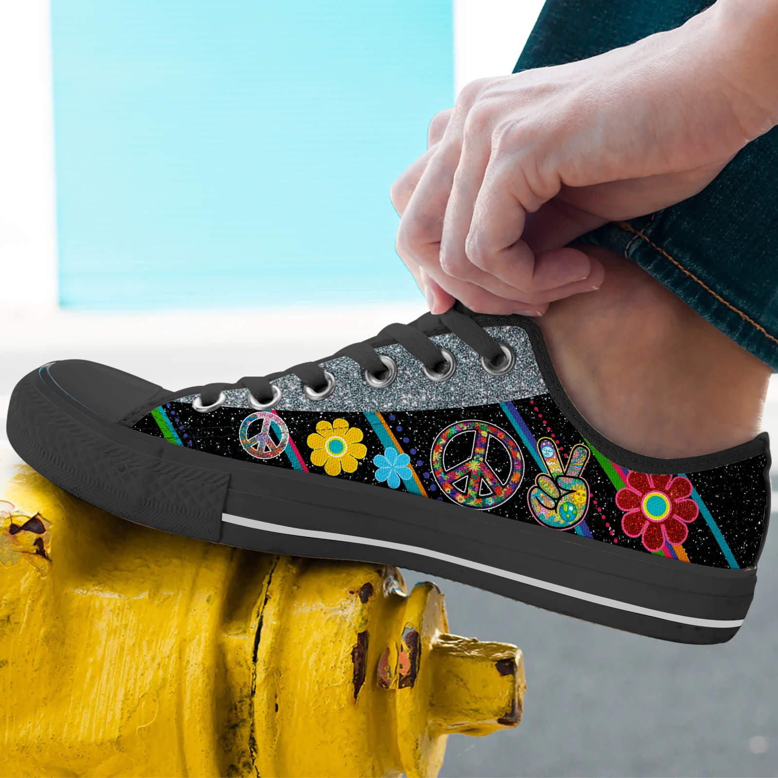 ELVISWORDS Boho Mier Logo Dizajn Čiernej Krajky-up Tenisky Hippie Dizajn Topánky dámske Kvetinové Tlač Plátno Topánky Zapatos Mujer . ' - ' . 3
