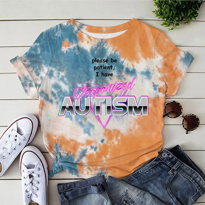Harajuku Kravatu-farbené T Shirt Dievča Y2K 90. rokov Kawaii Grafické Tees Unisex Kpop T-shirts Byť Trpezlivý som Weaponised Autizmus Tlač Topy . ' - ' . 2