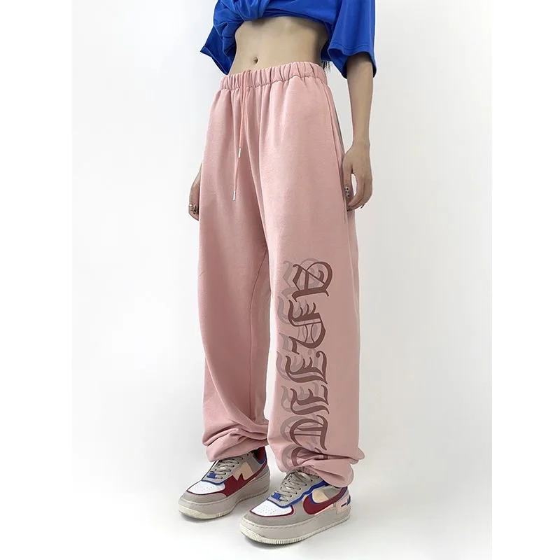 Harajuku Kórejský Štýl, Módne Vintage Streetwear Širokú Nohu, Ružové Nohavice Bežné Hippie Tlačené Písmená Vysoký Pás Sweatpants . ' - ' . 0