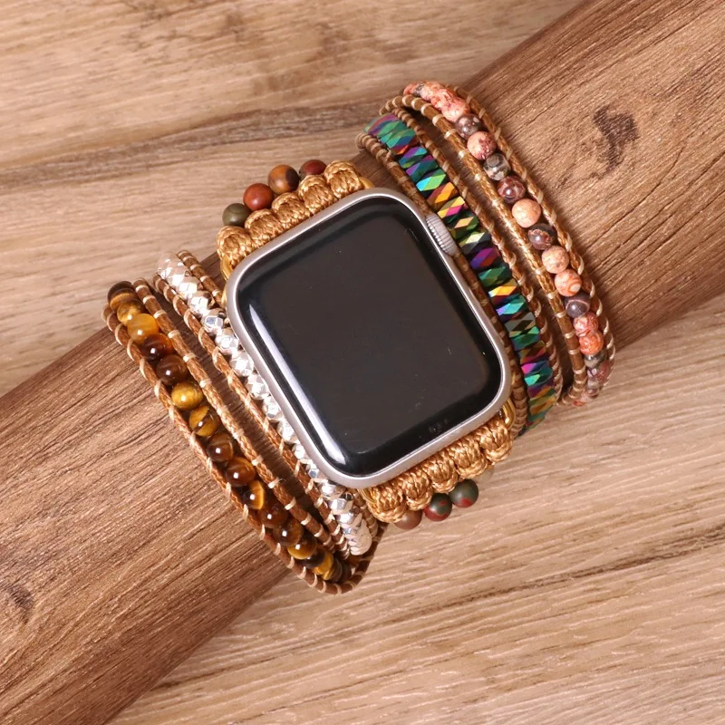 Jednoduchý, moderný, tiger kameň perličiek tkané hodinky s náramkom, multi-layer náramok pre iwatch pre apple hodinky . ' - ' . 0