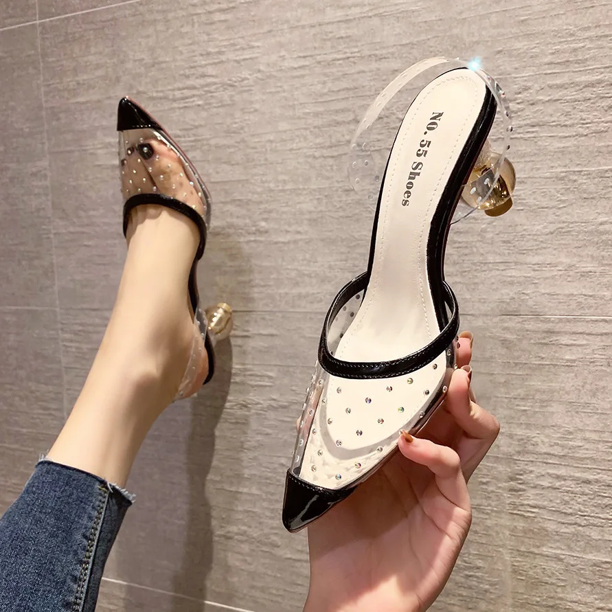 Krištáľovo Priehľadné moderné sandále ženy kolo vysoké podpätky, topánky žena čerpadlá ukázal prst jasné kamienkami sandalias mujer 2021 . ' - ' . 0