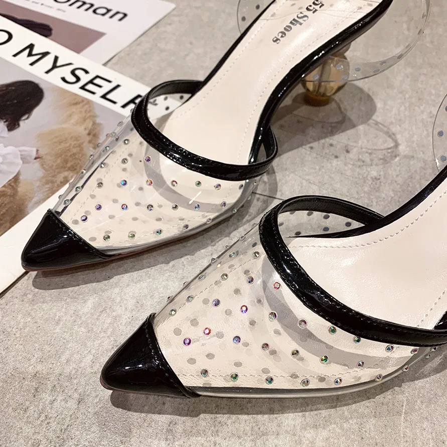Krištáľovo Priehľadné moderné sandále ženy kolo vysoké podpätky, topánky žena čerpadlá ukázal prst jasné kamienkami sandalias mujer 2021 . ' - ' . 3