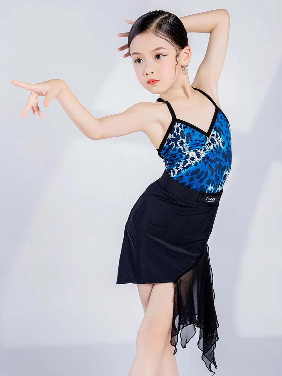 Latinské Tanečné Šaty Dievčatá, Rumba, Samba Dancewear Split Vyhovovali Modrá Leopard Kombinézu Čiernej Sukni ChaCha Výkon Kostým DL10552 . ' - ' . 2