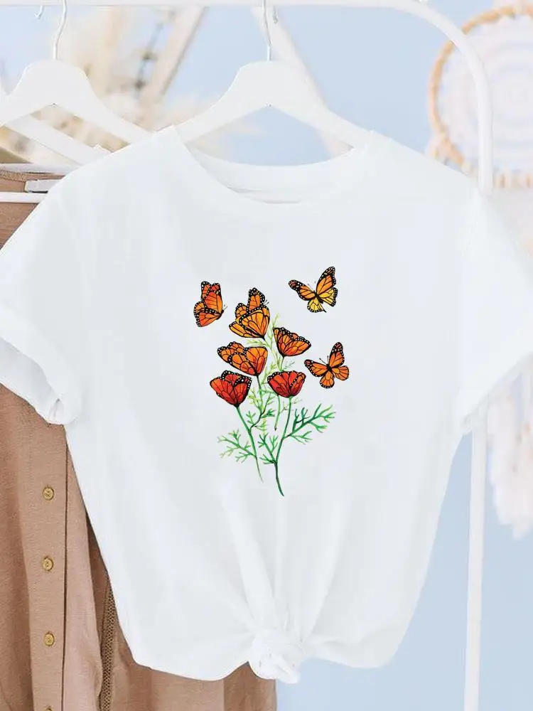 Letné Krátke Sleeve T Top Print Ženy Cartoon Tričko Žena T-shirts Módne Motýľ Rastlín Trend 90. rokov Oblečenie Graphic Tee . ' - ' . 0