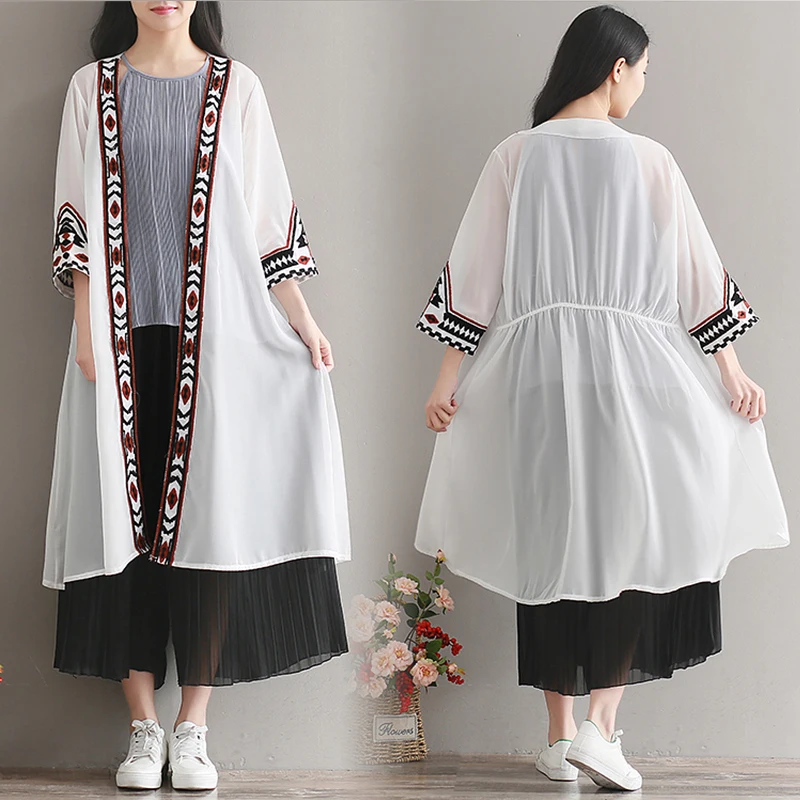 Letné veľká veľkosť Čína národnej dlhé biele šifón kimonos ženy voľné veľká veľkosť šifón pláži kimonos ženy dlhé biele topy . ' - ' . 0