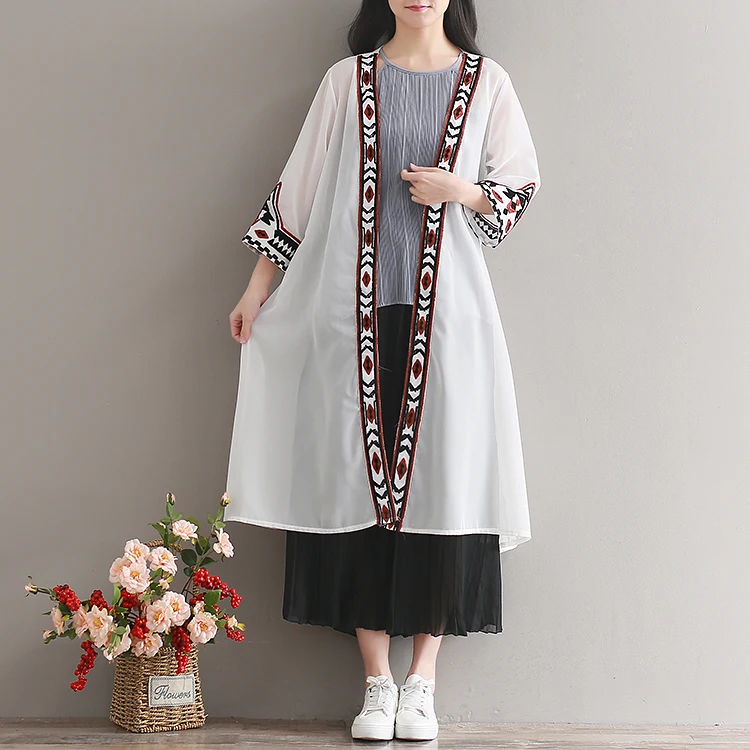 Letné veľká veľkosť Čína národnej dlhé biele šifón kimonos ženy voľné veľká veľkosť šifón pláži kimonos ženy dlhé biele topy . ' - ' . 1