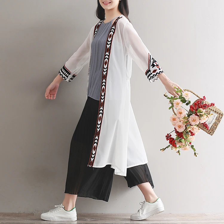 Letné veľká veľkosť Čína národnej dlhé biele šifón kimonos ženy voľné veľká veľkosť šifón pláži kimonos ženy dlhé biele topy . ' - ' . 2