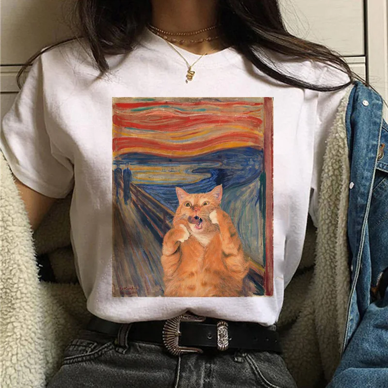 Mačka Van Gogh T-Shirt dámske Art Print olejomaľba Krásne Roztomilé Funny T-Shirt 90. rokov Cartoon Ulzzang Ležérny Top T-Shirt Ženy . ' - ' . 0
