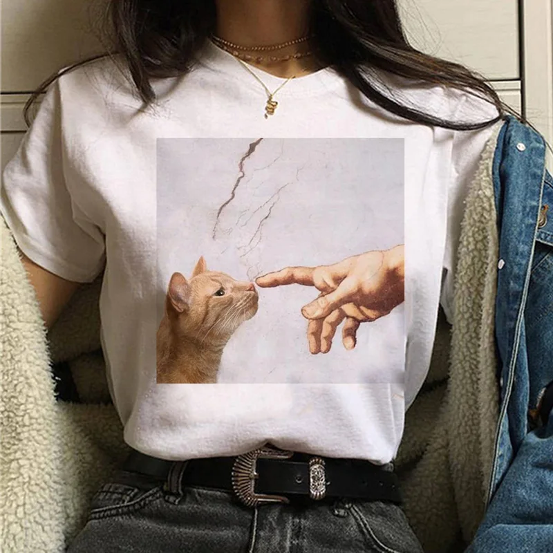 Mačka Van Gogh T-Shirt dámske Art Print olejomaľba Krásne Roztomilé Funny T-Shirt 90. rokov Cartoon Ulzzang Ležérny Top T-Shirt Ženy . ' - ' . 1