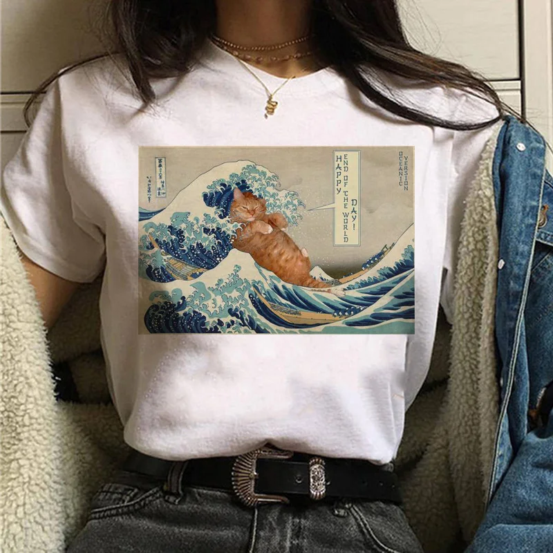 Mačka Van Gogh T-Shirt dámske Art Print olejomaľba Krásne Roztomilé Funny T-Shirt 90. rokov Cartoon Ulzzang Ležérny Top T-Shirt Ženy . ' - ' . 3