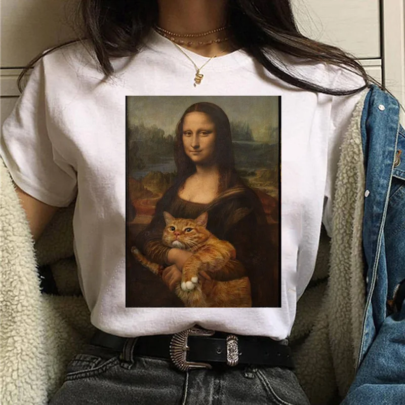 Mačka Van Gogh T-Shirt dámske Art Print olejomaľba Krásne Roztomilé Funny T-Shirt 90. rokov Cartoon Ulzzang Ležérny Top T-Shirt Ženy . ' - ' . 4