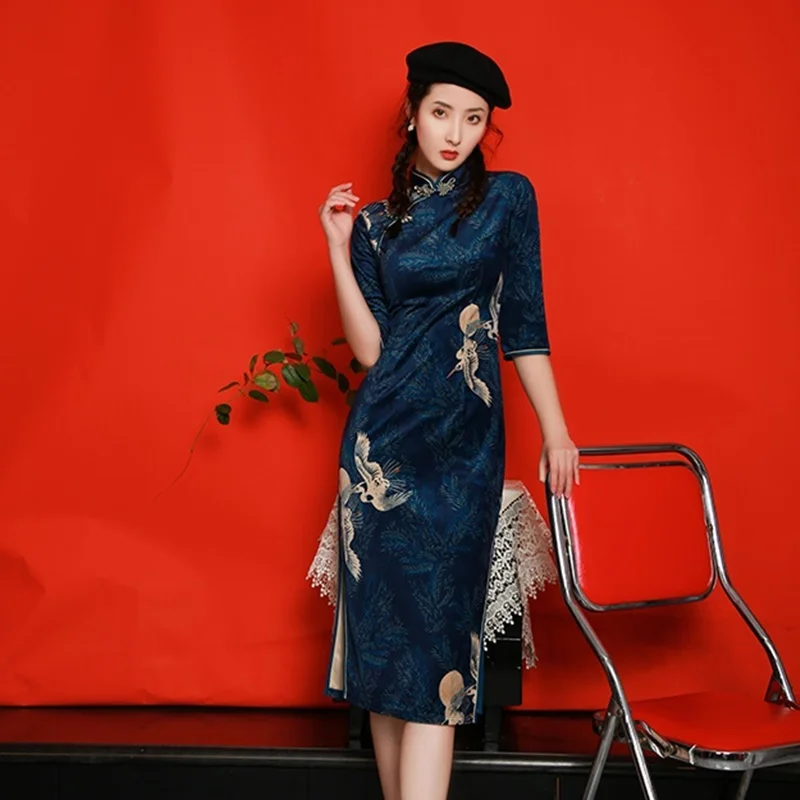 Moderný Čínsky Orientálne Šaty Japonskej Tlače Žeriav Qipao Polovičný Rukáv Ročníka Vestido Elegantné Čínske Šaty FF2221 . ' - ' . 0