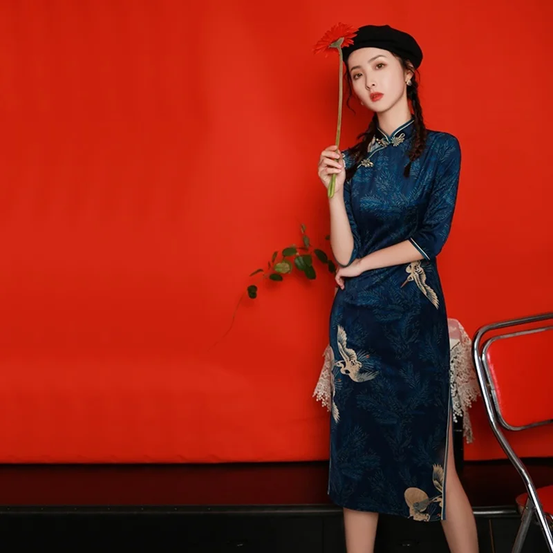 Moderný Čínsky Orientálne Šaty Japonskej Tlače Žeriav Qipao Polovičný Rukáv Ročníka Vestido Elegantné Čínske Šaty FF2221 . ' - ' . 2