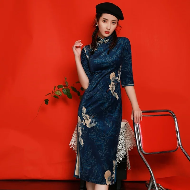 Moderný Čínsky Orientálne Šaty Japonskej Tlače Žeriav Qipao Polovičný Rukáv Ročníka Vestido Elegantné Čínske Šaty FF2221 . ' - ' . 4
