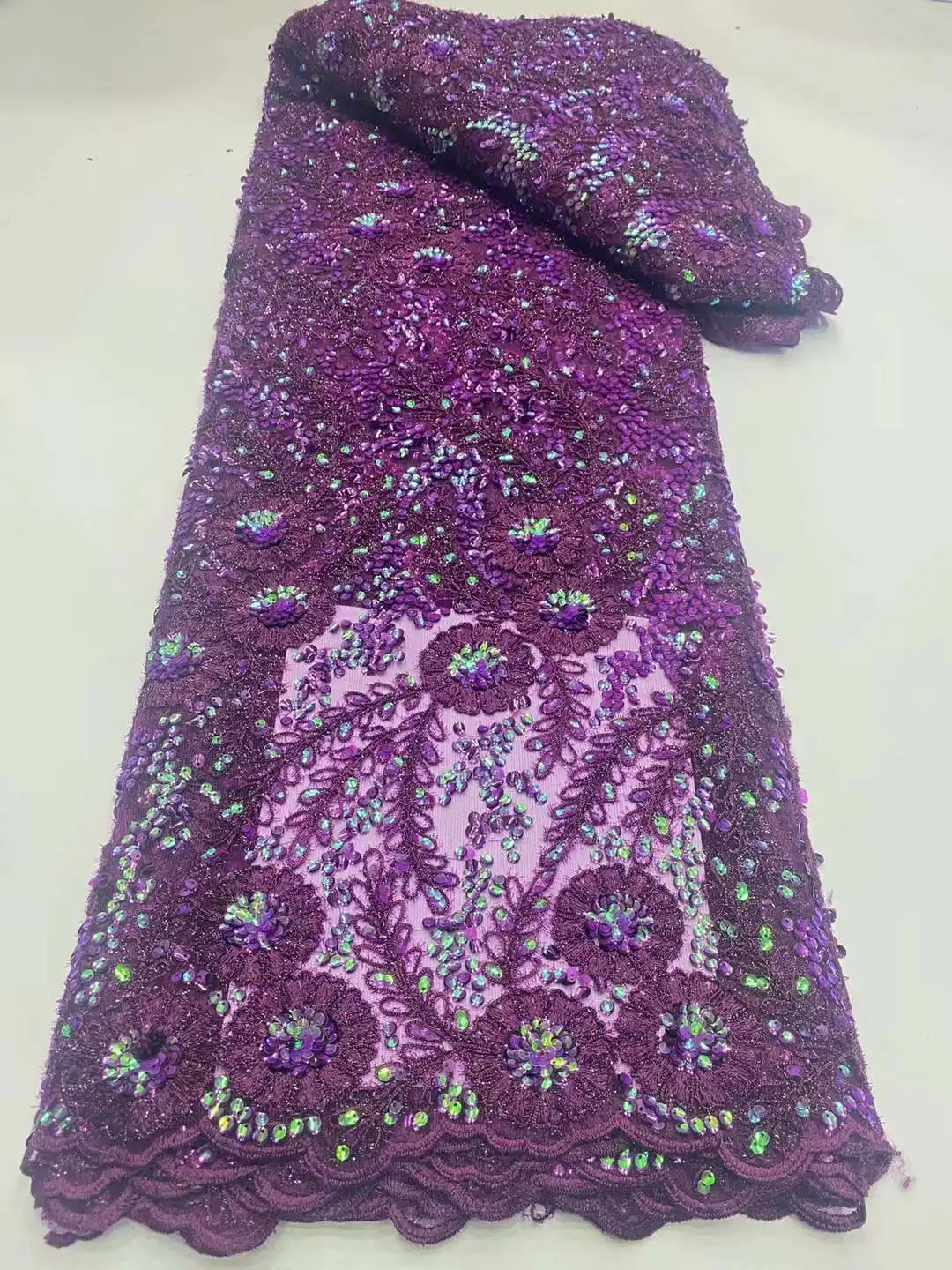 najnovšie Afriky tylu fialová sequin Čipky textílie 5yards 2023 Vysokej kvality Nigérijský francúzskej čipky textílie stitched na svadbu časť . ' - ' . 0