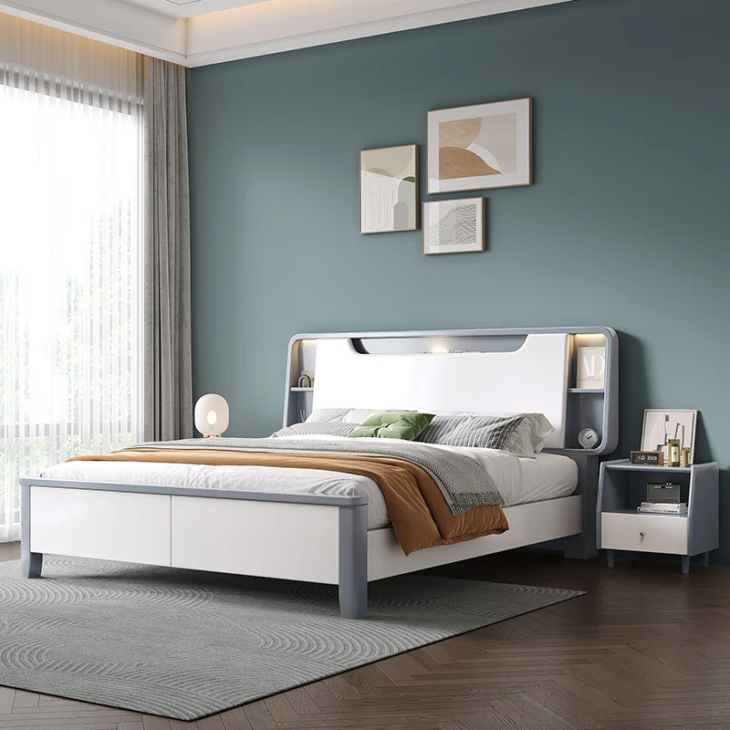 Nordic štýl masívneho dreva posteľ moderný jednoduchý 1.8 m ľahký luxusná spálňa manželská posteľ 1,5 m, biela vysoký box úložný posteľ . ' - ' . 0