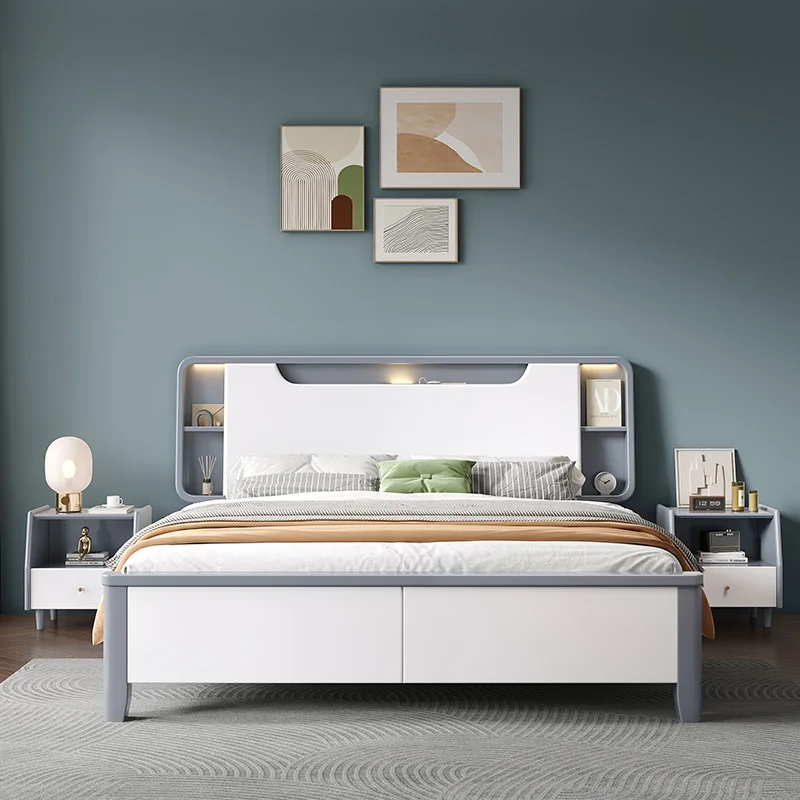 Nordic štýl masívneho dreva posteľ moderný jednoduchý 1.8 m ľahký luxusná spálňa manželská posteľ 1,5 m, biela vysoký box úložný posteľ . ' - ' . 1