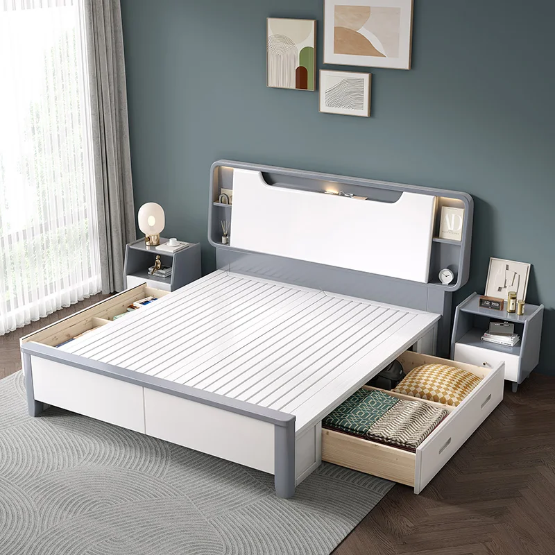 Nordic štýl masívneho dreva posteľ moderný jednoduchý 1.8 m ľahký luxusná spálňa manželská posteľ 1,5 m, biela vysoký box úložný posteľ . ' - ' . 2
