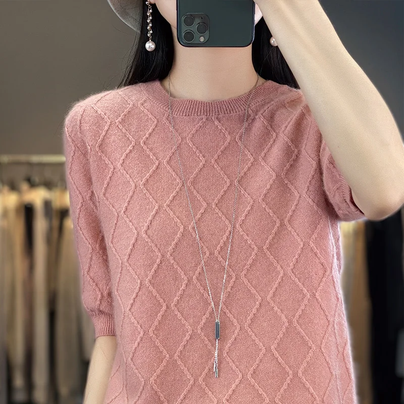 Nové cashmere sveter O-krku pletené dámske krátke rukávy pulóver 100% vlna-krátke rukávy slim T-shirt móda . ' - ' . 1