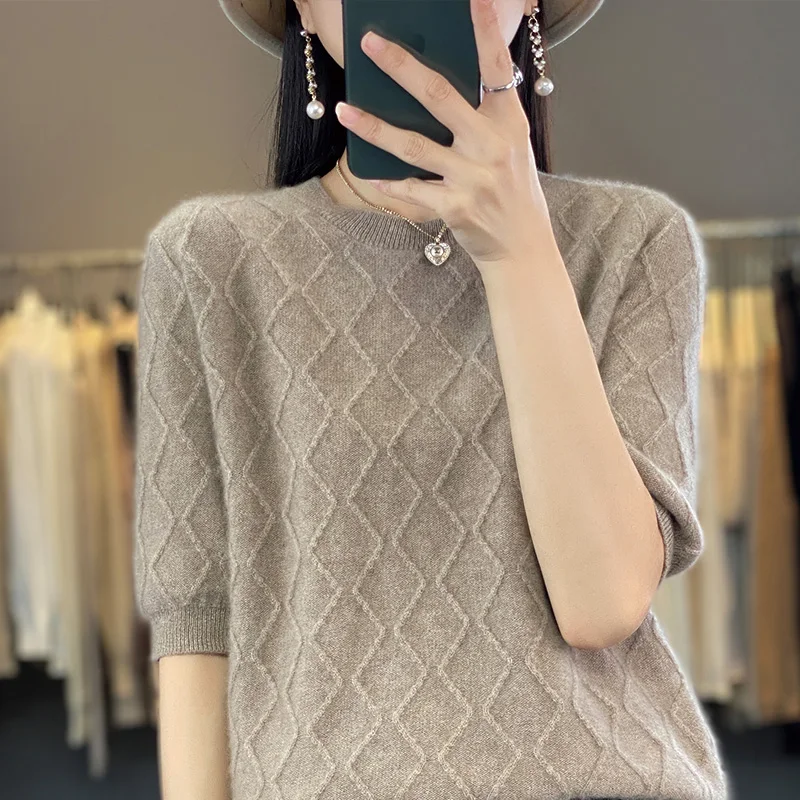 Nové cashmere sveter O-krku pletené dámske krátke rukávy pulóver 100% vlna-krátke rukávy slim T-shirt móda . ' - ' . 2
