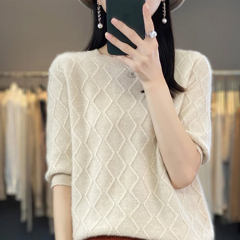 Nové cashmere sveter O-krku pletené dámske krátke rukávy pulóver 100% vlna-krátke rukávy slim T-shirt móda . ' - ' . 3