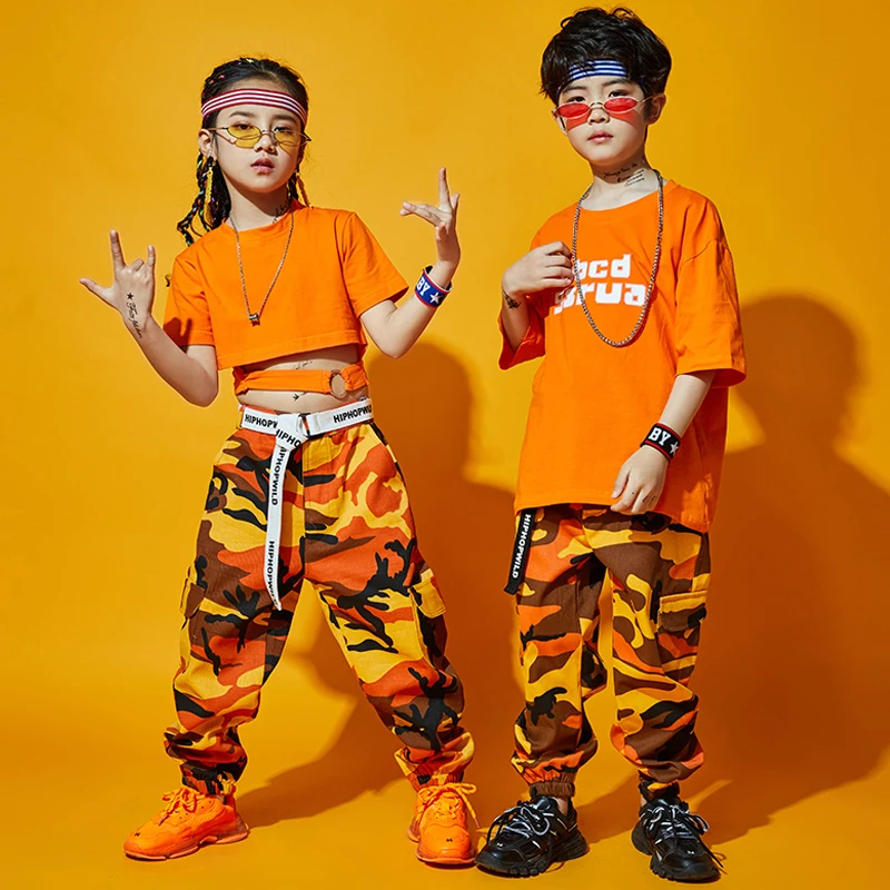 Orange/Sivá/Fialová Kamufláž Hip Hop Nohavice Pre Deti Jazz Tanečných Kostýmov, Krátky Rukáv Topy Dievčatá Chlapci Fáze Show Oblečenie BL5953 . ' - ' . 1