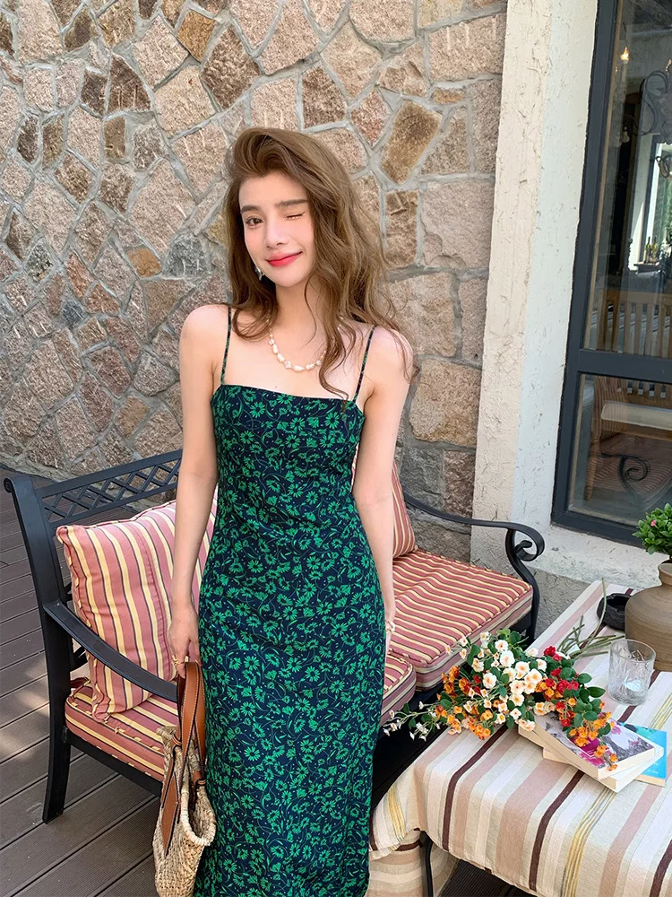 Pinkoz ženy dovolenku slizký zelený kvetinový vzor špagety popruh slizký midi šaty letné sexy košieľka župan mujer vestidos traf . ' - ' . 1