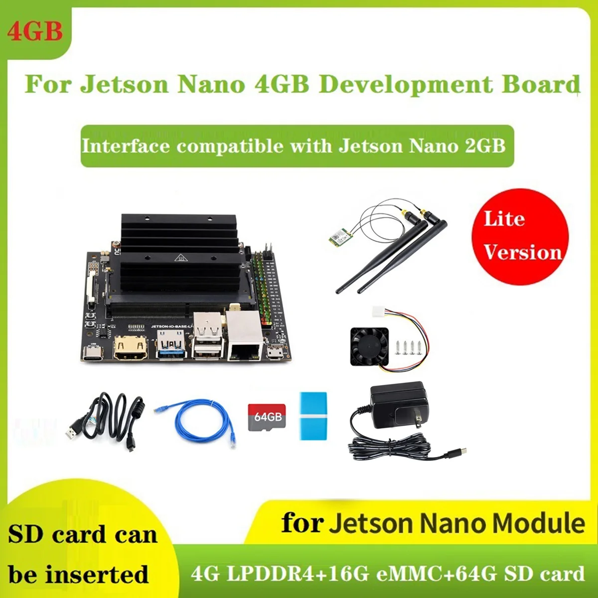 Pre Jetson Nano Lite DEV Kit (4G)+Jetson Nano Modul+64 G SD Karta+CardReader+Sieťový Kábel+Ventilátor+Sieťová Karta+Power-Plug NÁS . ' - ' . 1