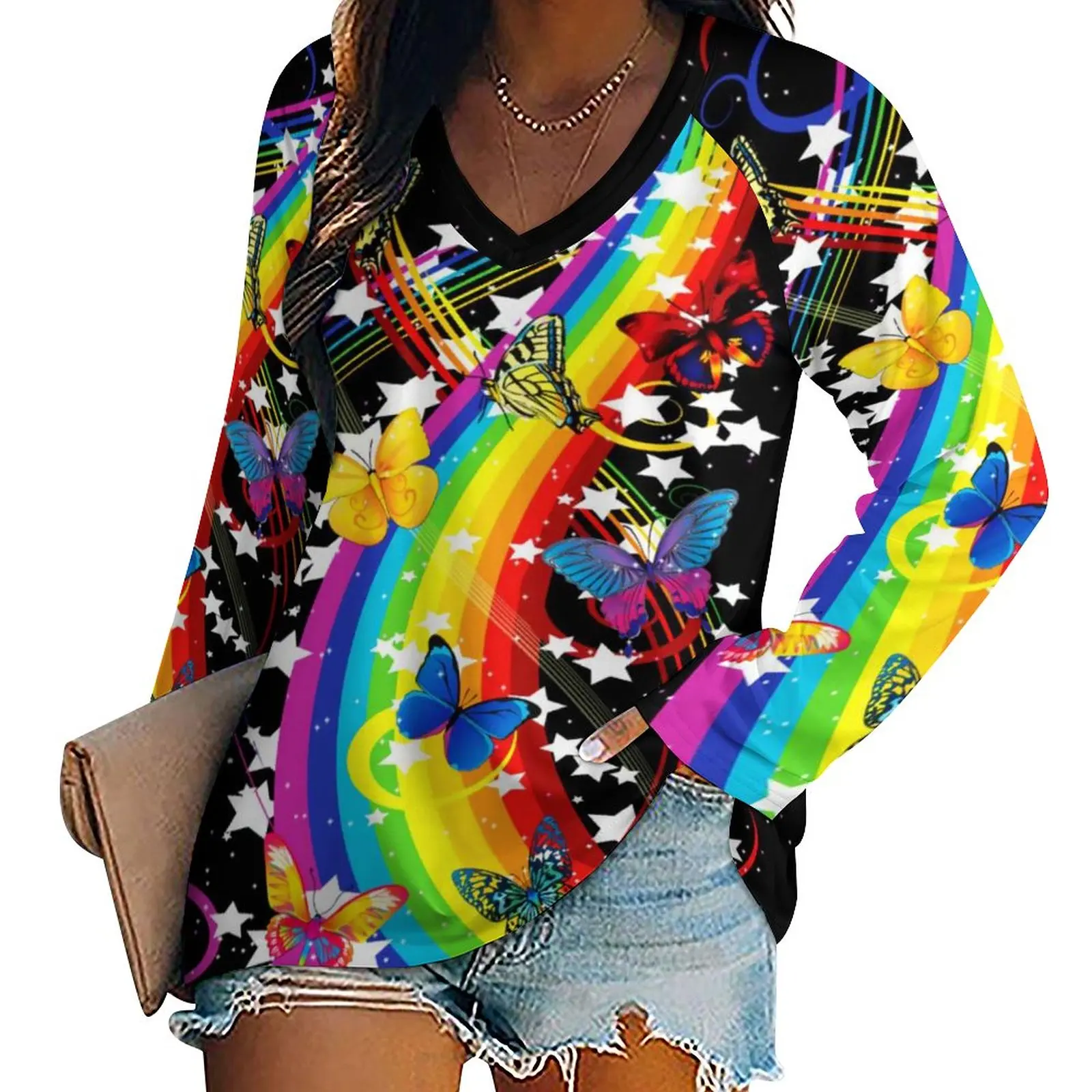 Rainbow Motýle T-Shirt Abstraktné Digitálne Umenie Roztomilý Dlhý Rukáv T-Shirts V Krku Street Fashion Tričko Nadrozmerné Grafické Topy . ' - ' . 0