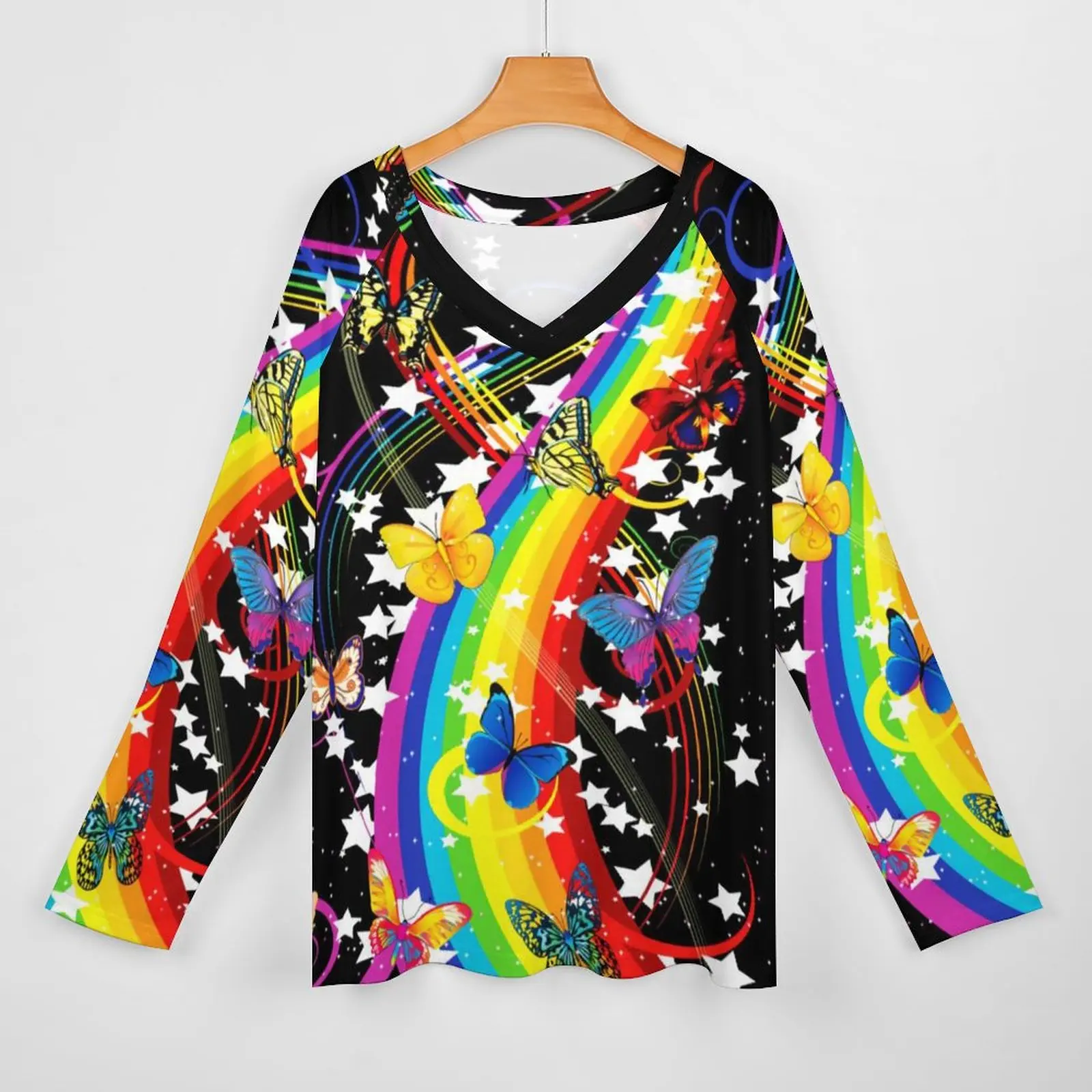 Rainbow Motýle T-Shirt Abstraktné Digitálne Umenie Roztomilý Dlhý Rukáv T-Shirts V Krku Street Fashion Tričko Nadrozmerné Grafické Topy . ' - ' . 1