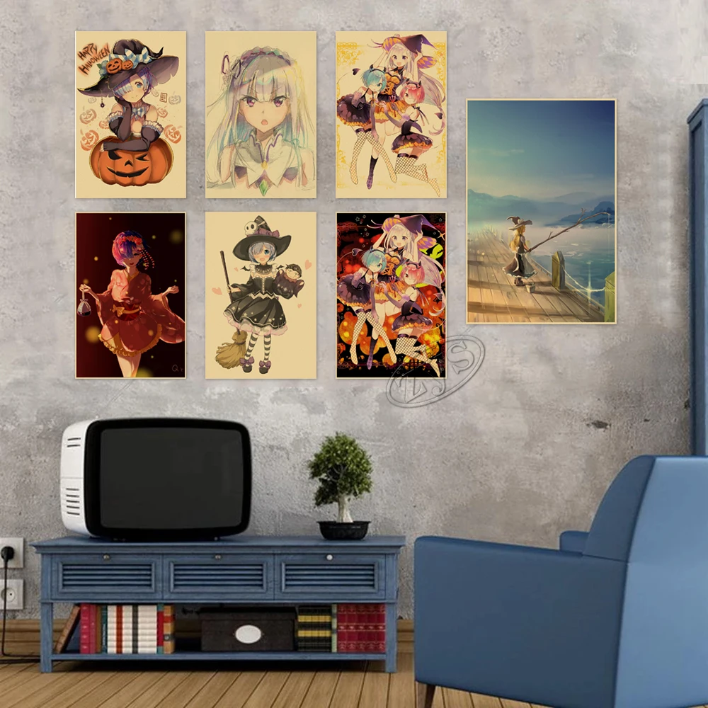 Rem Ram Plagát HD Japonské Anime Maľovanie Re:Nula Wall Art Print Kara Hajimeru Emilia Kraft Papier Obrázok Pre Spálne Domova . ' - ' . 3