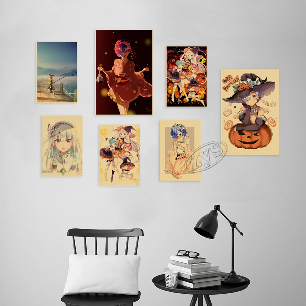 Rem Ram Plagát HD Japonské Anime Maľovanie Re:Nula Wall Art Print Kara Hajimeru Emilia Kraft Papier Obrázok Pre Spálne Domova . ' - ' . 4