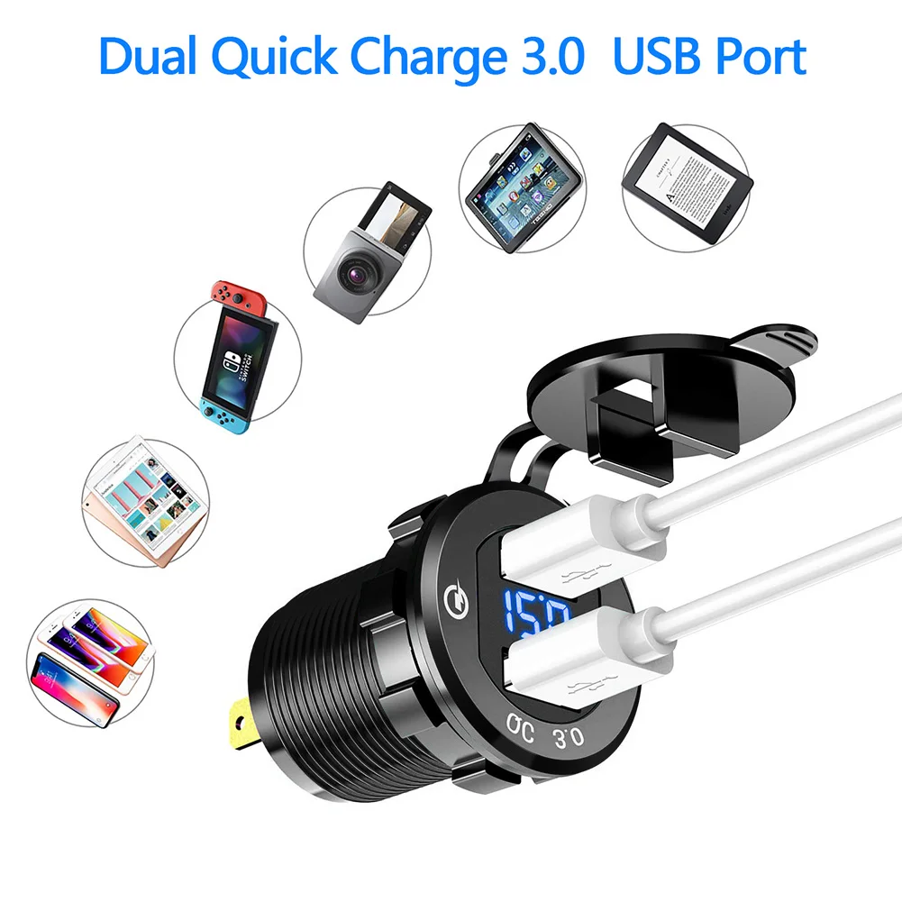 Rýchle Nabíjanie 3.0 Duálny USB Nabíjačka, Zásuvky, Nepremokavé Hliníkové elektrickej Zásuvky, Rýchle Nabitie s LED Voltmeter pre 12V/24V Motocykel . ' - ' . 0