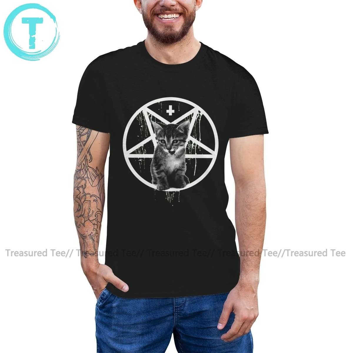 Satan T Shirt Obrátený Kríž Pentagram Cat T-Shirt Fun Pláž Tee Tričko Grafické Krátke Rukávy Tričko Bavlna . ' - ' . 0