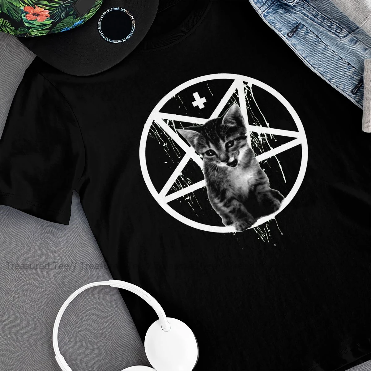 Satan T Shirt Obrátený Kríž Pentagram Cat T-Shirt Fun Pláž Tee Tričko Grafické Krátke Rukávy Tričko Bavlna . ' - ' . 1