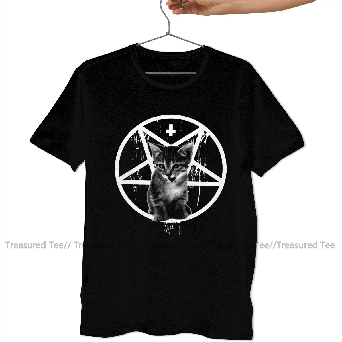 Satan T Shirt Obrátený Kríž Pentagram Cat T-Shirt Fun Pláž Tee Tričko Grafické Krátke Rukávy Tričko Bavlna . ' - ' . 2